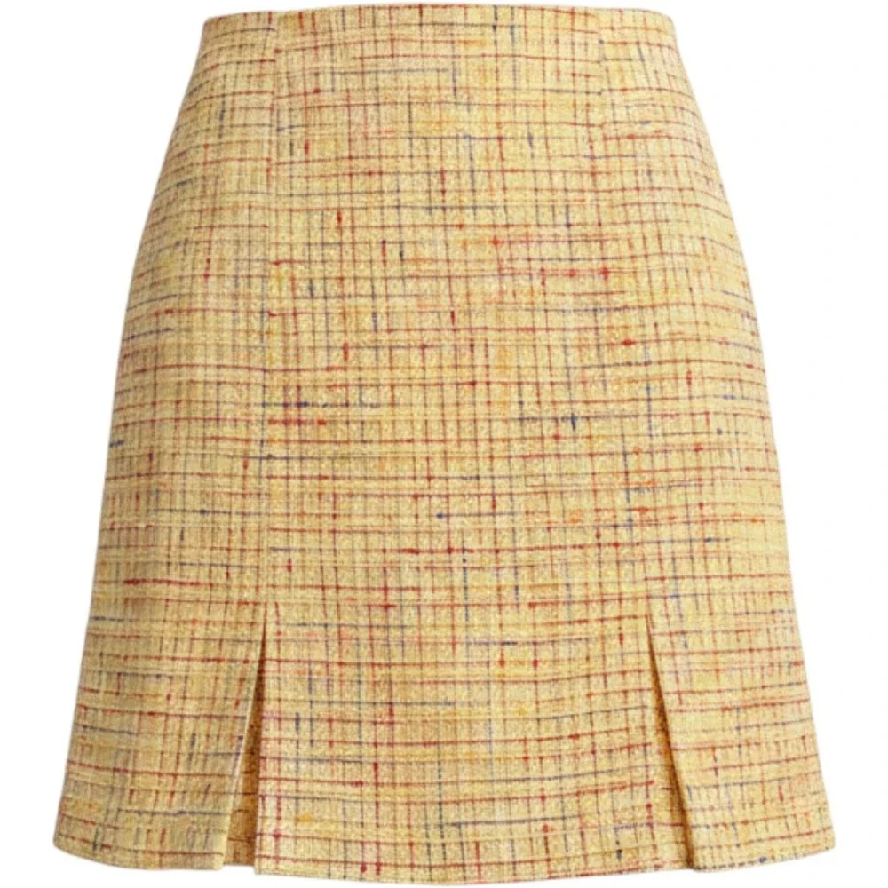 Yellow Plaid Tweed MiniSkirt Sz 10 A-Line Front Pleats Lined Vintage